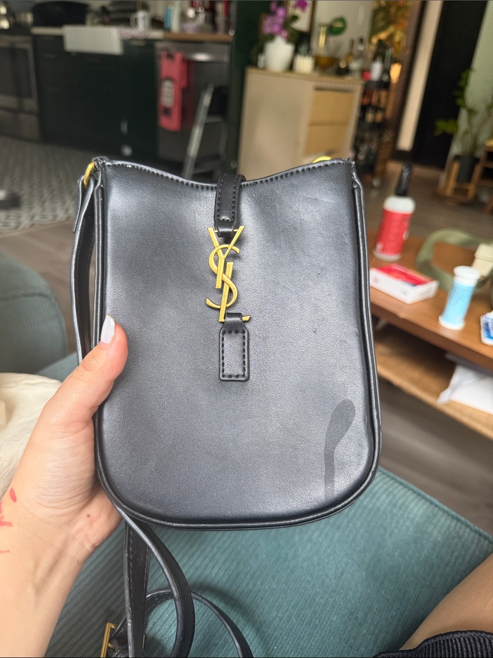 Yves Saint Laurent Black Leather Crossbody with Gold YSL Monogram